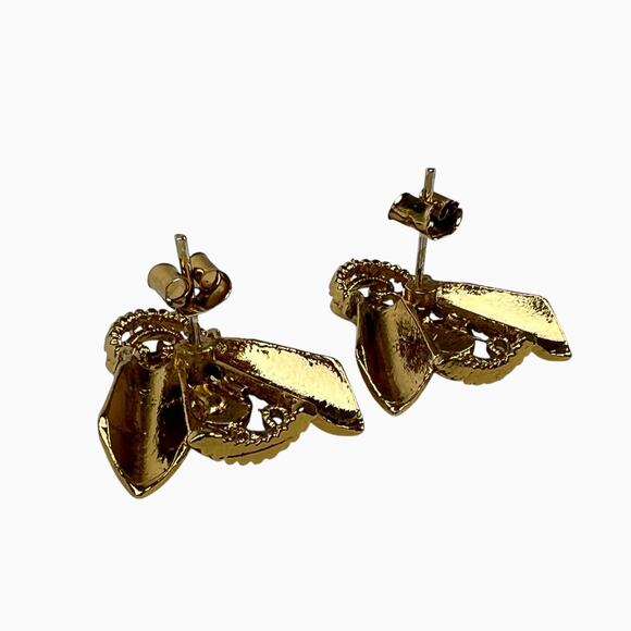 Vintage Earrings Red Rhinestones Gold Tone Intricate Detail Texture Pierced Post - Picture 7 of 8